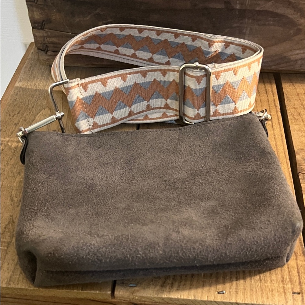 Elegant Brown Suede Crossbody Bag with Patterned Strap